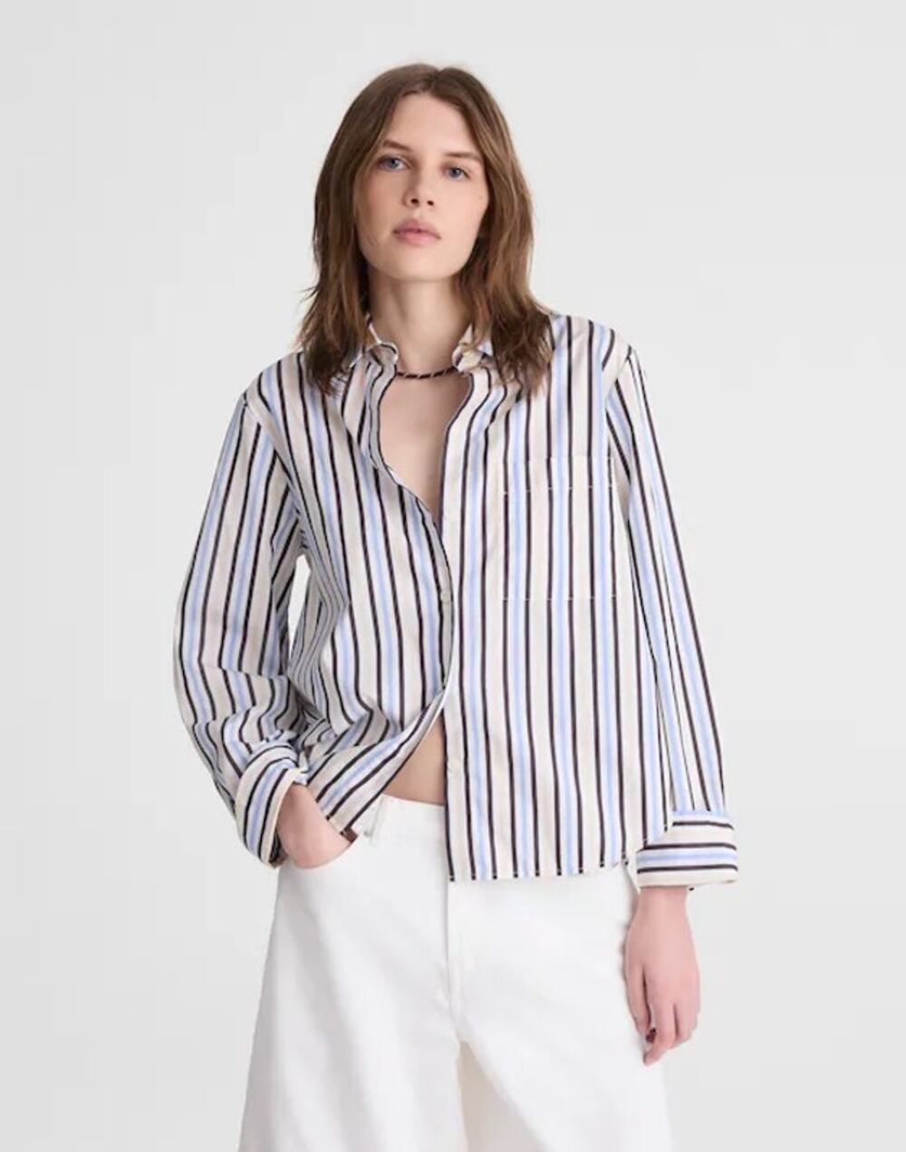 Madewell The Signature Y-Neck Shirt Cotton Poplin Boardwalk Stripe Medium NWT